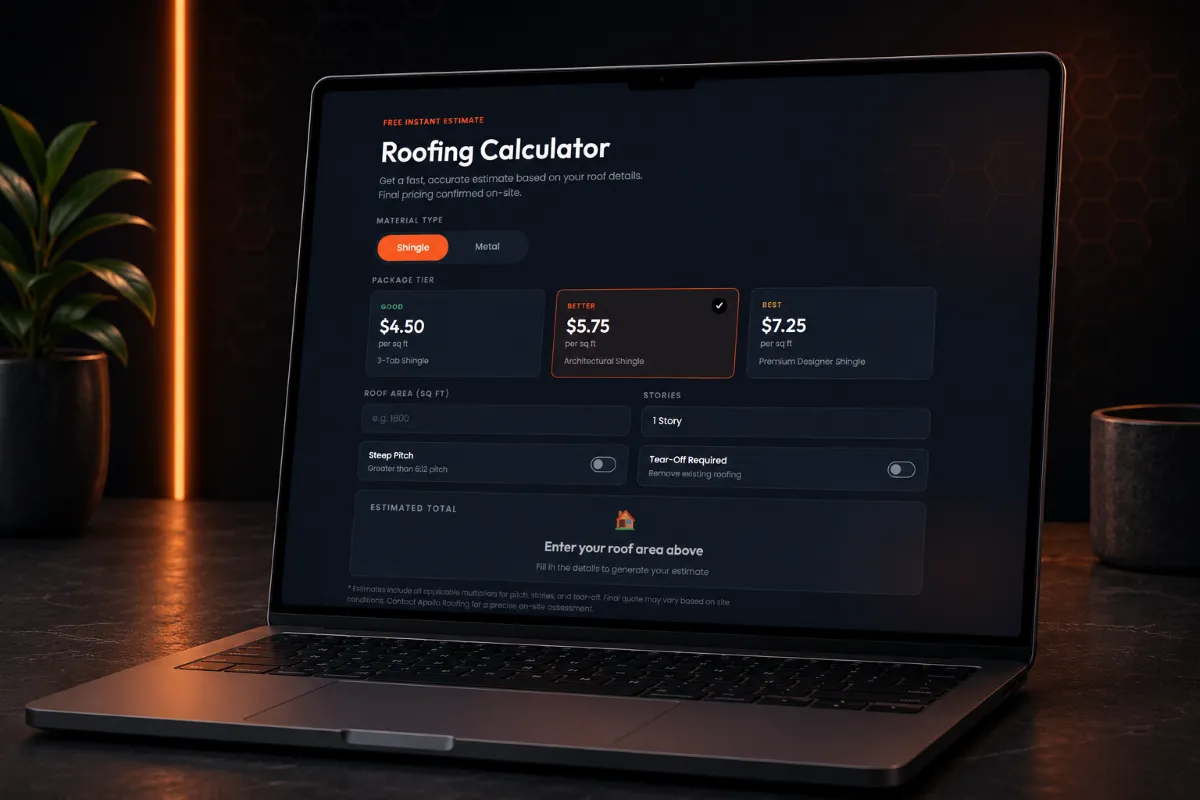 Roofing cost calculator on a laptop, showing price-per-square-foot options and a roof area input