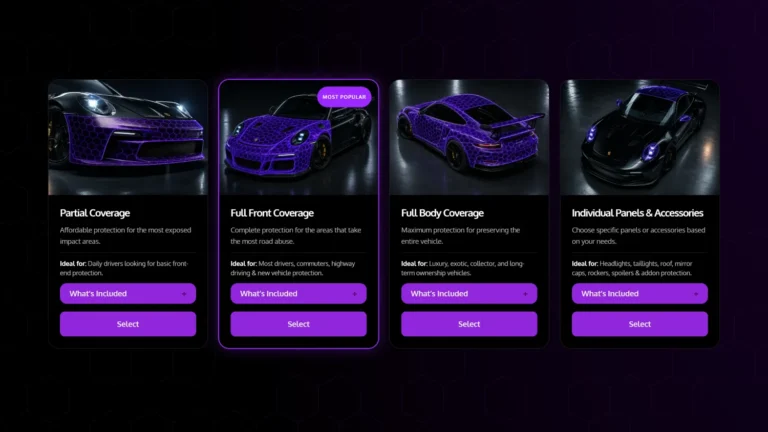 Paint protection film coverage options compared side by side, from partial to full body and individual panels