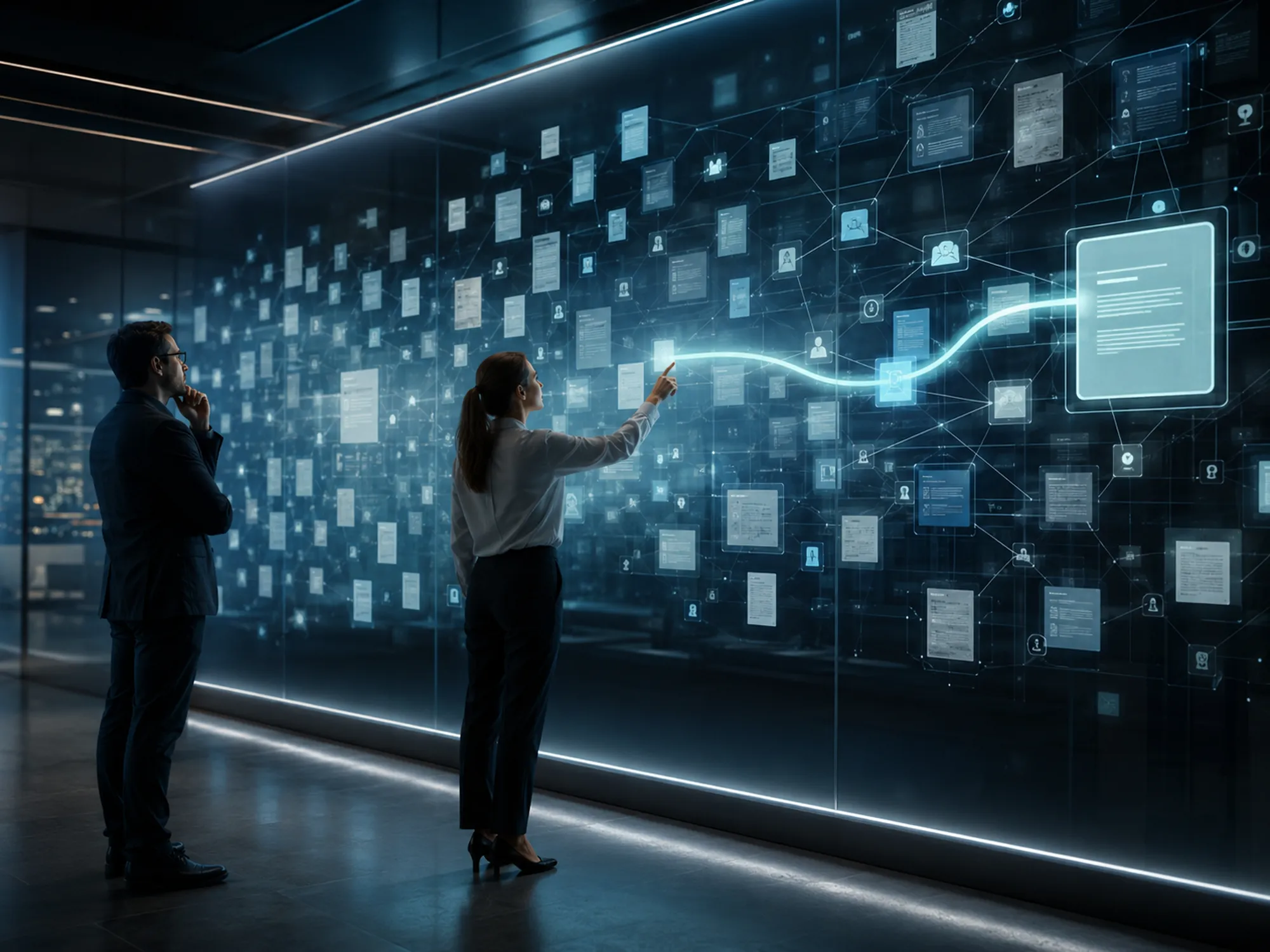 Two people standing before a large glowing wall of data panels, connected by a stream of light
