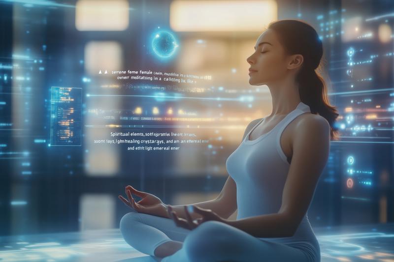 serene female business owner meditating modern workspace filled with technology light 800x533