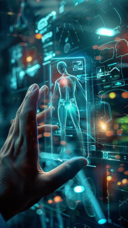 small hud with human body image scientist doctor working with it stock photo 448x800