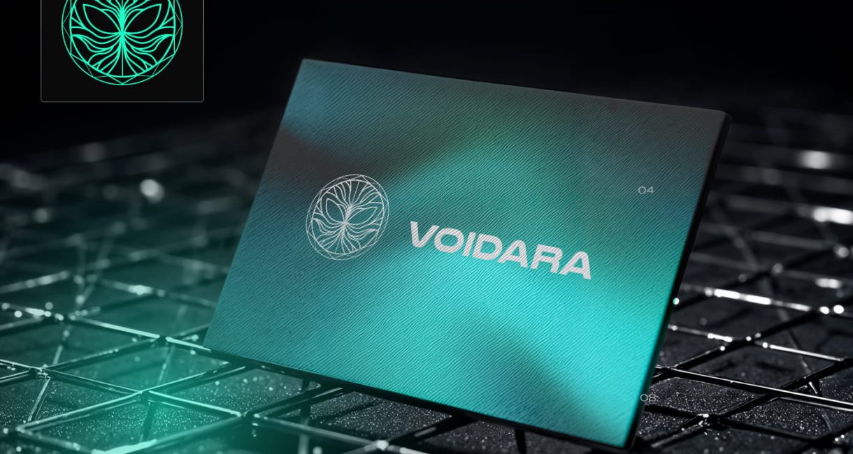 Core Concepts Voidara brand identity shown as a teal metallic card on a dark circuit background