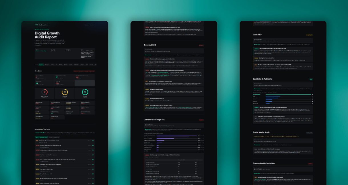 Digital Growth Audit Report core concepts design shown across three dark mobile screens on a teal background