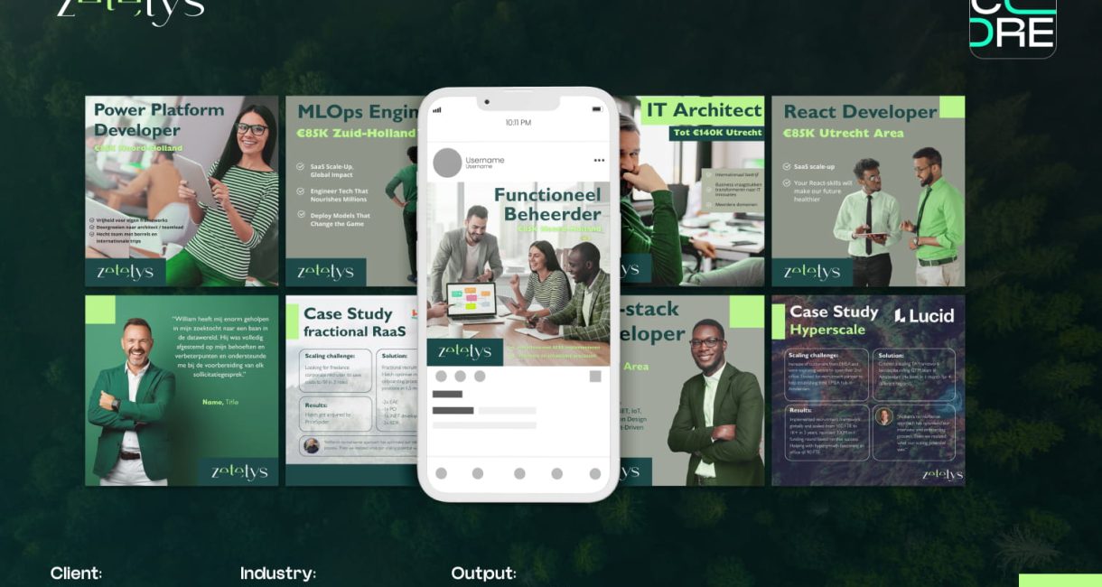 Instagram ad creatives for Zetetys, showing recruitment posts for developer and architect roles