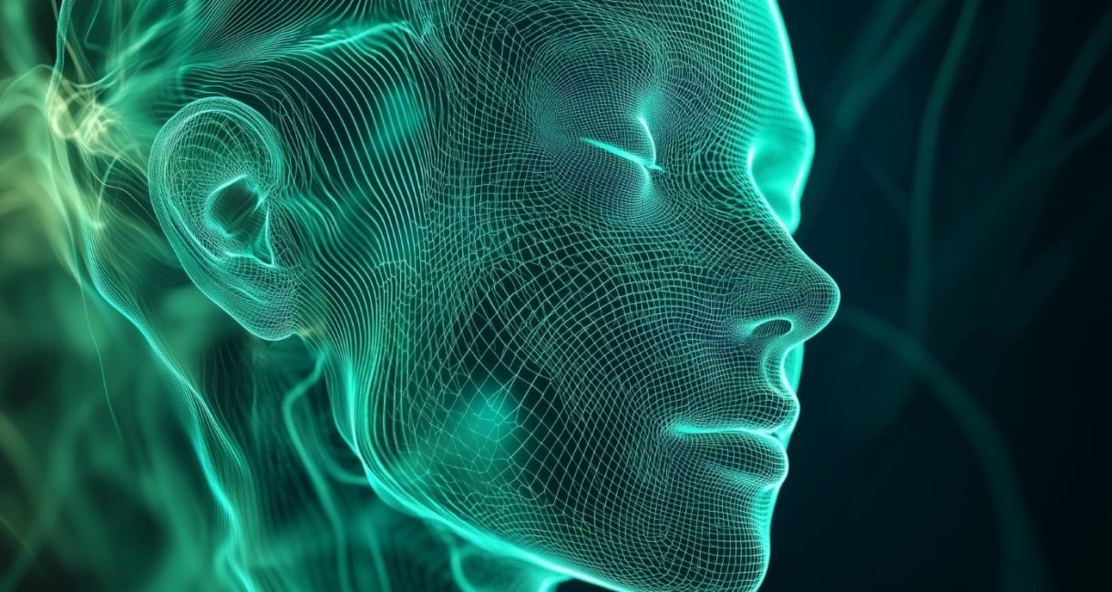 Wireframe rendering of a human head in profile, glowing in neon green