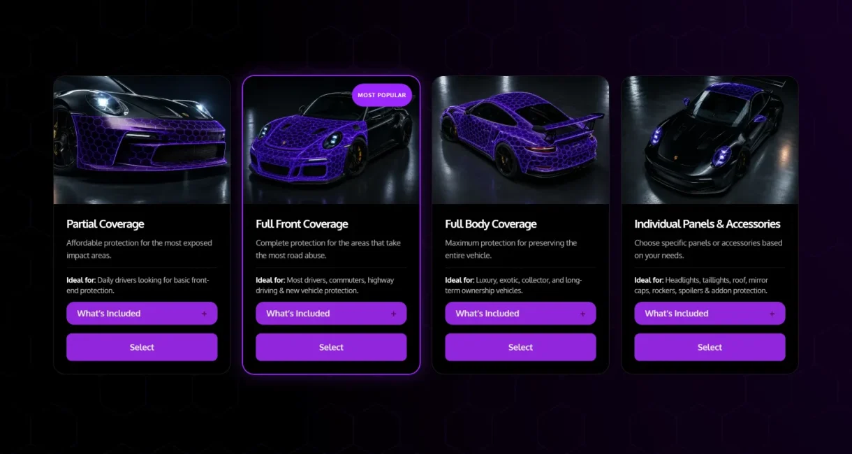 Paint protection film coverage options compared side by side, from partial to full body and individual panels