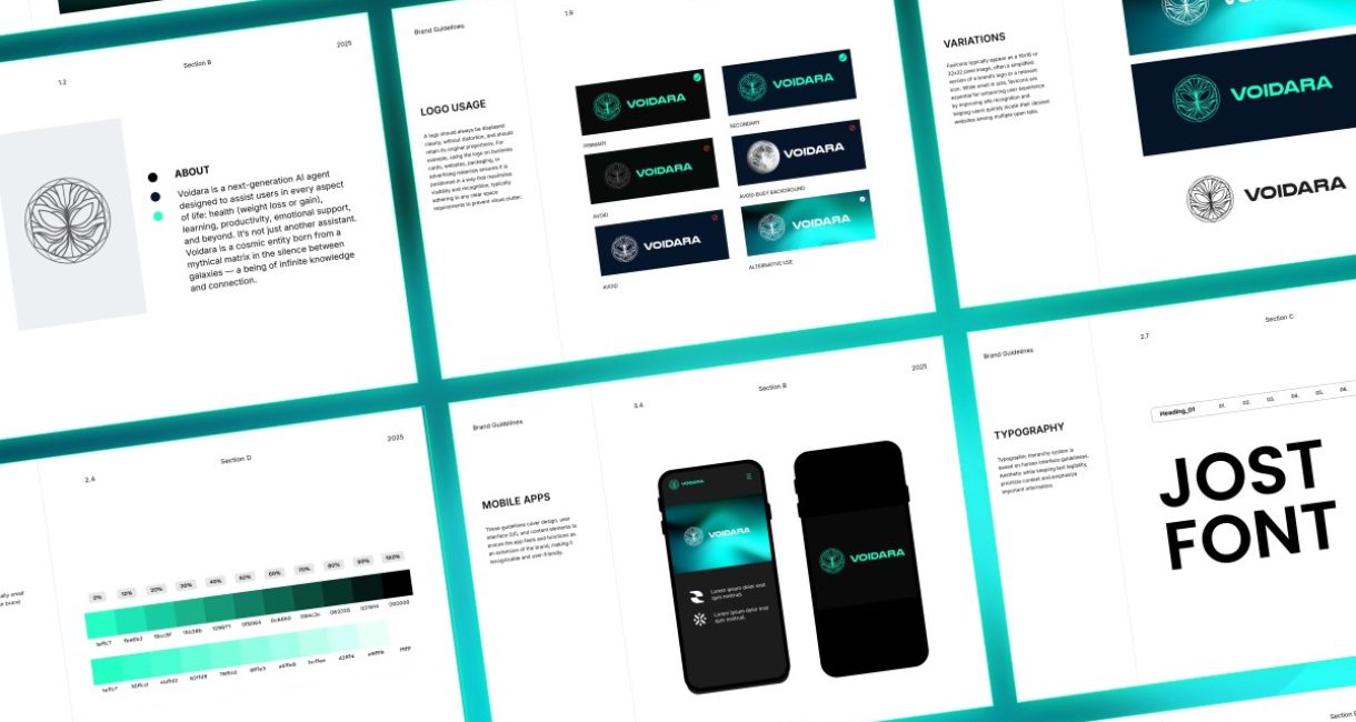Voidara brand guidelines spreads showing logo construction, app screens and the Jost typeface